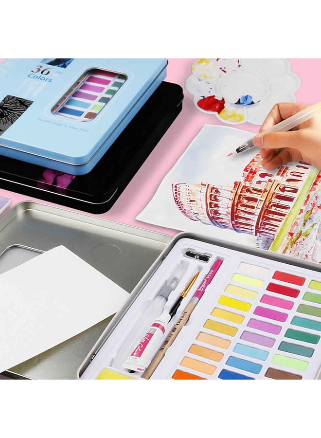36 Colors Solid Watercolors Paints Set Pigment Drawing Painting With Water Brush Paintbrush Pencil Sponge Watercolor Paper For Artists Beginners Students Adults Blue 36 Colors Solid Watercolors Paints Set Pigment Drawing Painting With Water Brush Paintbrush Pencil Sponge Watercolor Paper For Artists Beginners Students Adults Blue